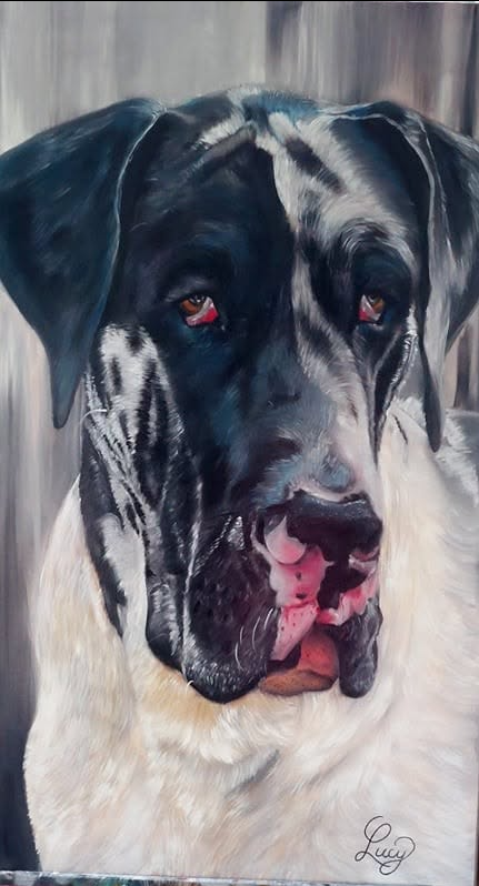 Peinture réaliste d'un chien en noir et blanc