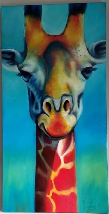 Peinture d'une girafe aux teintes bleues