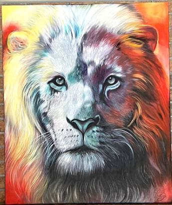 Peinture d'un lion en blanc et rouge