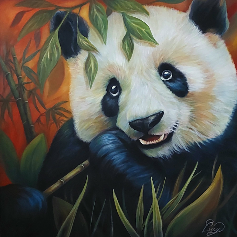 Peinture réaliste d'un panda dans du bambou