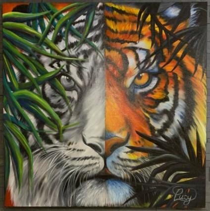 Peinture d'un tigre blanc et orange dans la jungle