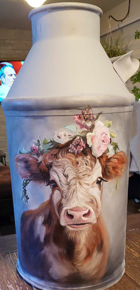 Peinture d'une vache aux teintes beiges