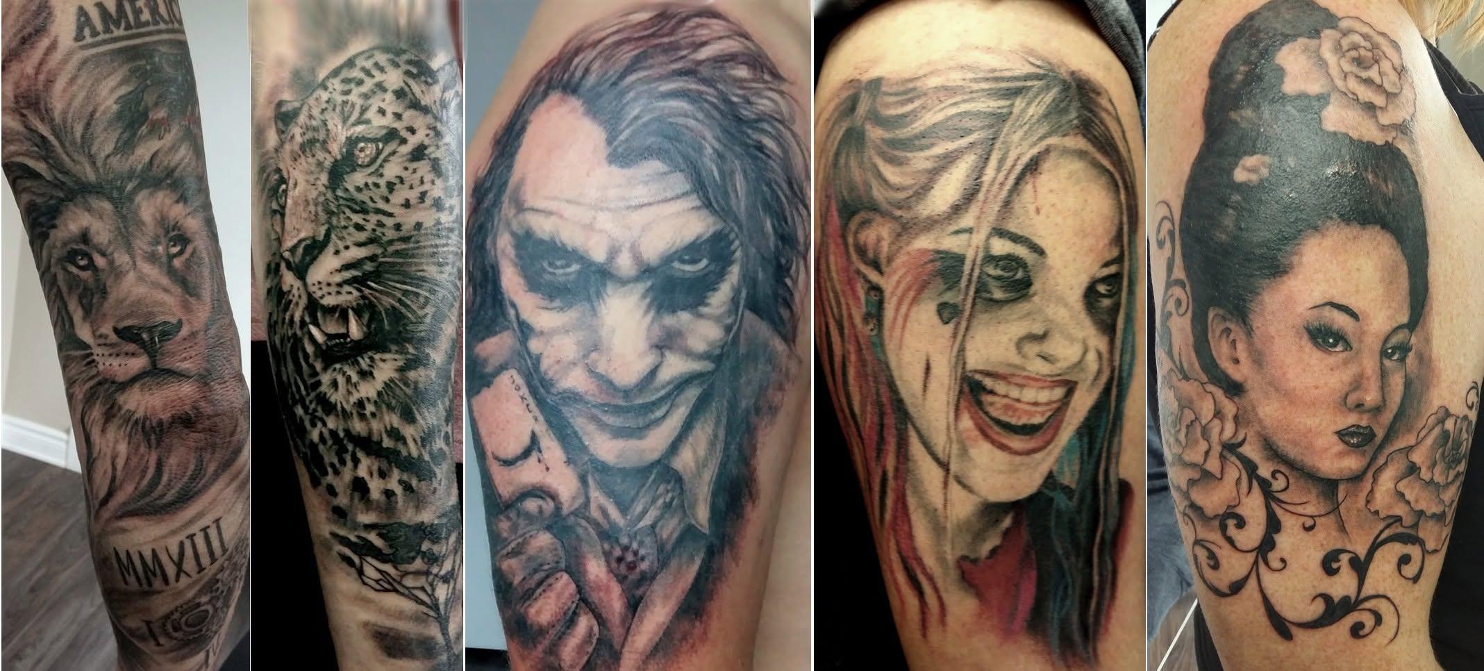 Composition de tatouages réalistes, portraits et animaux, créations de Lucy Célestattoo