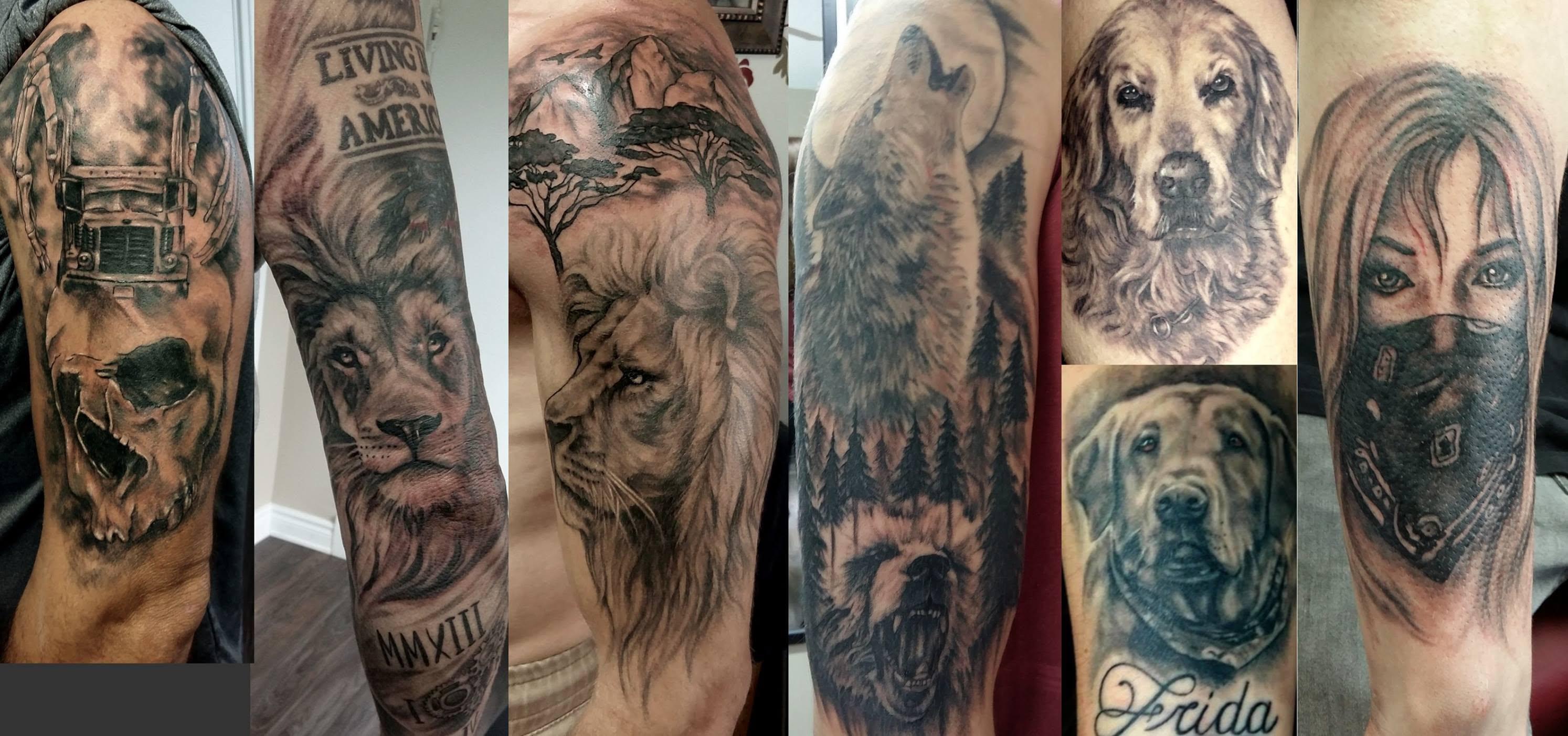 Composition de tatouages réalistes inspirés de la nature et des animaux, créations de Lucy Célestattoo